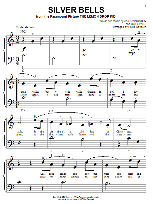 Learn to play Jay Livingston Silver Bells sheet music for Beginning Piano Solo in minutes. Price: 6.9900$ Jay Livingston Silver Bells sheet music notes and chords arranged for Beginning Piano Solo