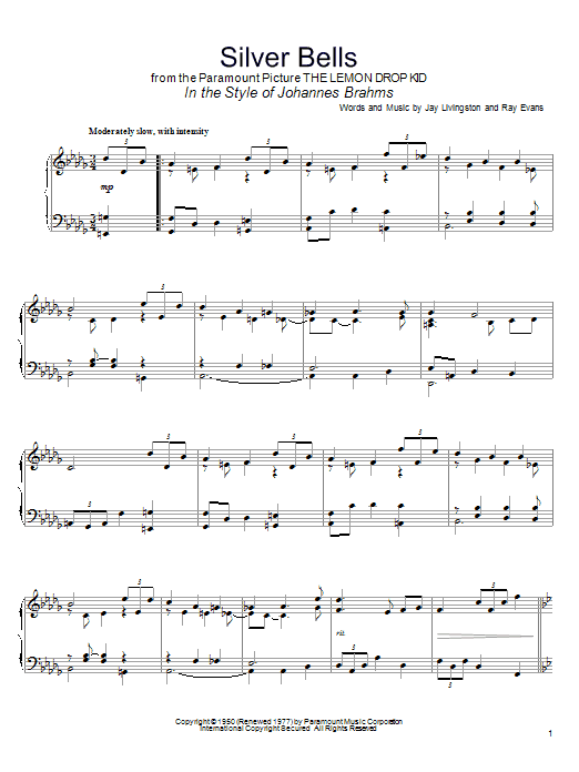 Learn to play Jay Livingston Silver Bells (in the style of Johannes Brahms) sheet music for Piano Solo in minutes. Jay Livingston Silver Bells (in the style of Johannes Brahms) sheet music notes and chords. Download Printable PDF.
