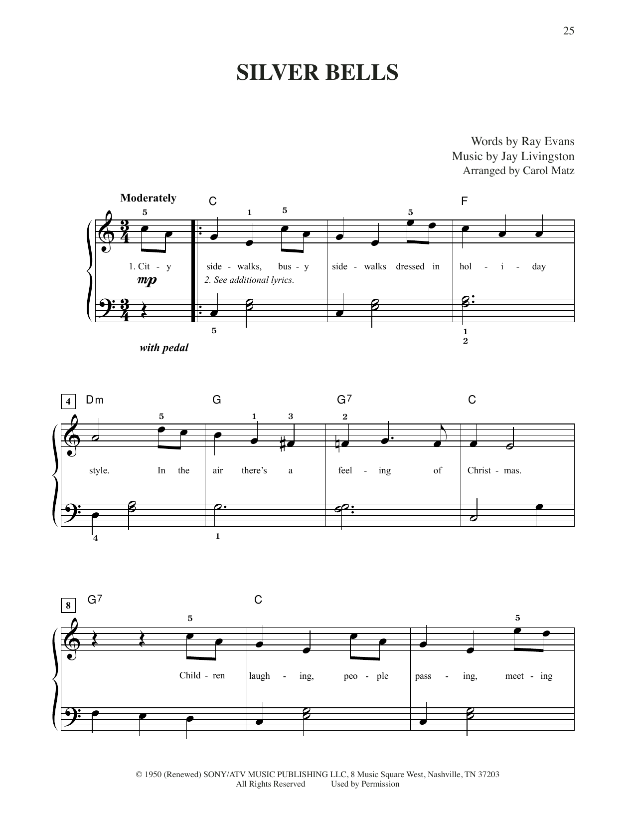 Learn to play Jay Livingston & Ray Evans Silver Bells (arr. Carol Matz) sheet music for Big Note Piano in minutes. Price: 6.9900$ Jay Livingston & Ray Evans Silver Bells (arr. Carol Matz) sheet music notes and chords arranged for Big Note Piano
