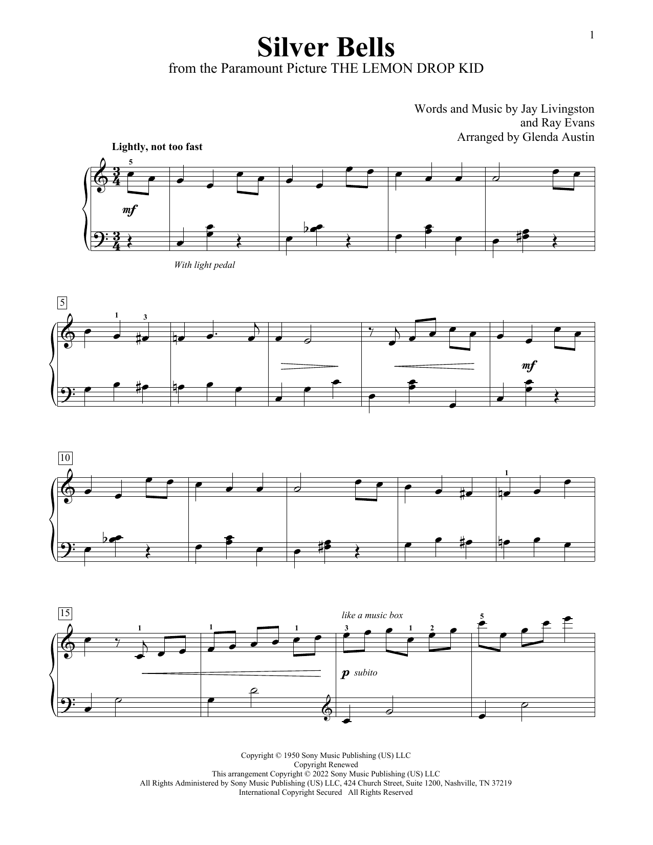 Learn to play Jay Livingston & Ray Evans Silver Bells (arr. Glenda Austin) sheet music for Educational Piano in minutes. Price: 6.9900$ Jay Livingston & Ray Evans Silver Bells (arr. Glenda Austin) sheet music notes and chords arranged for Educational Piano