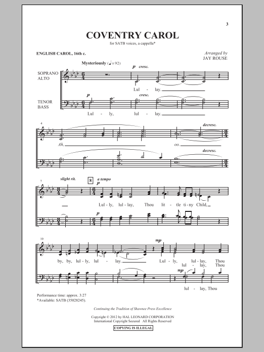 Jay Rouse Coventry Carol sheet music notes and chords. Download Printable PDF.