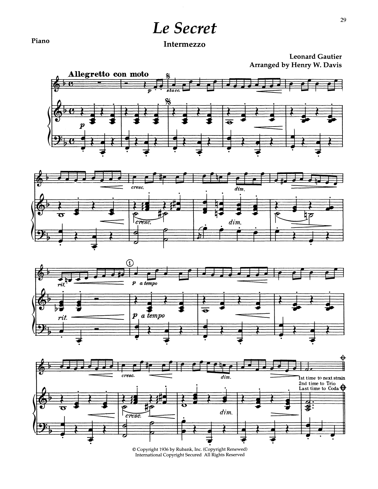 Jean-Francois Eugene Gautier The Secret (Le Secret) sheet music notes and chords. Download Printable PDF.