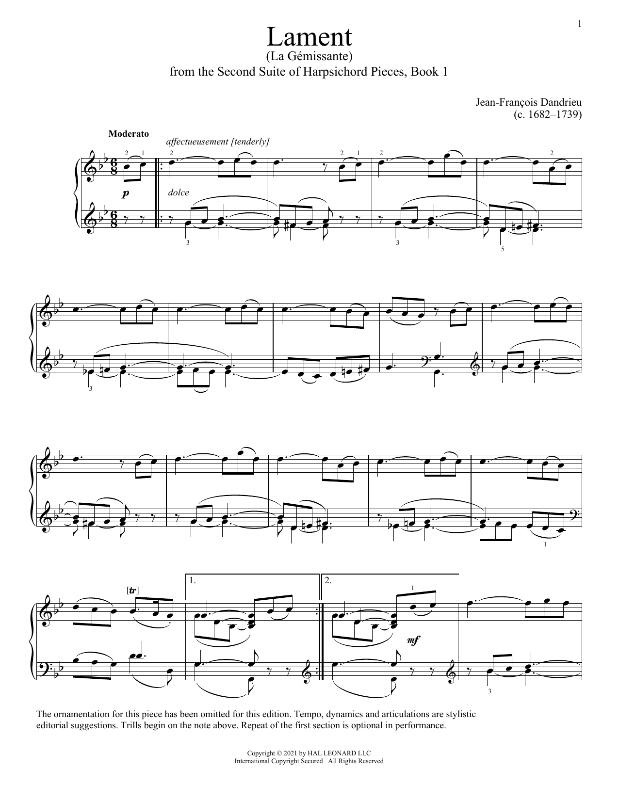 Jean-Francois Dandrieu Lament sheet music notes and chords. Download Printable PDF.