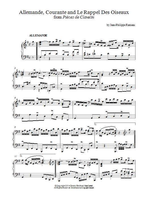 Learn to play Jean-Philippe Rameau Allemande, Courante and 'Le Rappel Des Oiseaux' From Pieces De Clavecin sheet music for Piano Solo in minutes. Jean-Philippe Rameau Allemande, Courante and 'Le Rappel Des Oiseaux' From Pieces De Clavecin sheet music notes and chords