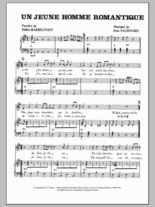 Learn to play Jean Falissard Un Jeune Homme Romantique sheet music for Piano & Vocal in minutes. Price: 6.9900$ Jean Falissard Un Jeune Homme Romantique sheet music notes and chords arranged for Piano & Vocal
