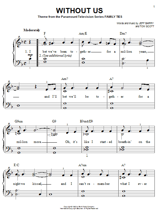 Jeff Barry Without Us (theme from Family Ties) sheet music notes and chords. Download Printable PDF.