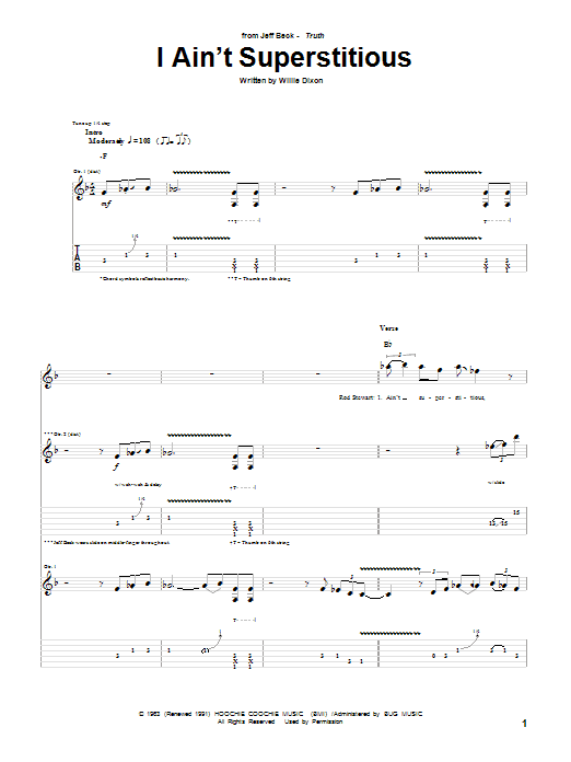 Learn to play Jeff Beck I Ain't Superstitious sheet music for Guitar Tab in minutes. Price: 7.8900$ Jeff Beck I Ain't Superstitious sheet music notes and chords arranged for Guitar Tab