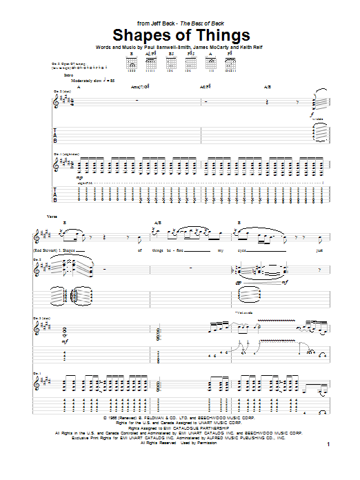 Jeff Beck Shapes Of Things sheet music notes and chords. Download Printable PDF.