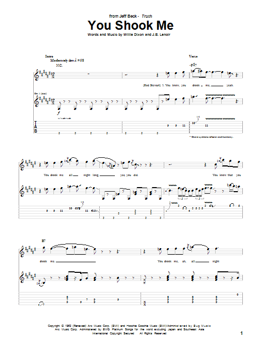 Jeff Beck You Shook Me sheet music notes and chords. Download Printable PDF.