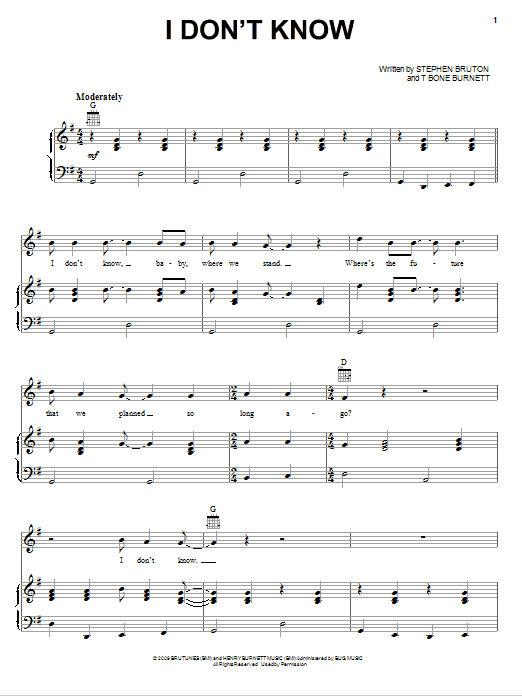 Jeff Bridges I Don't Know sheet music notes and chords arranged for Piano, Vocal & Guitar Chords (Right-Hand Melody)