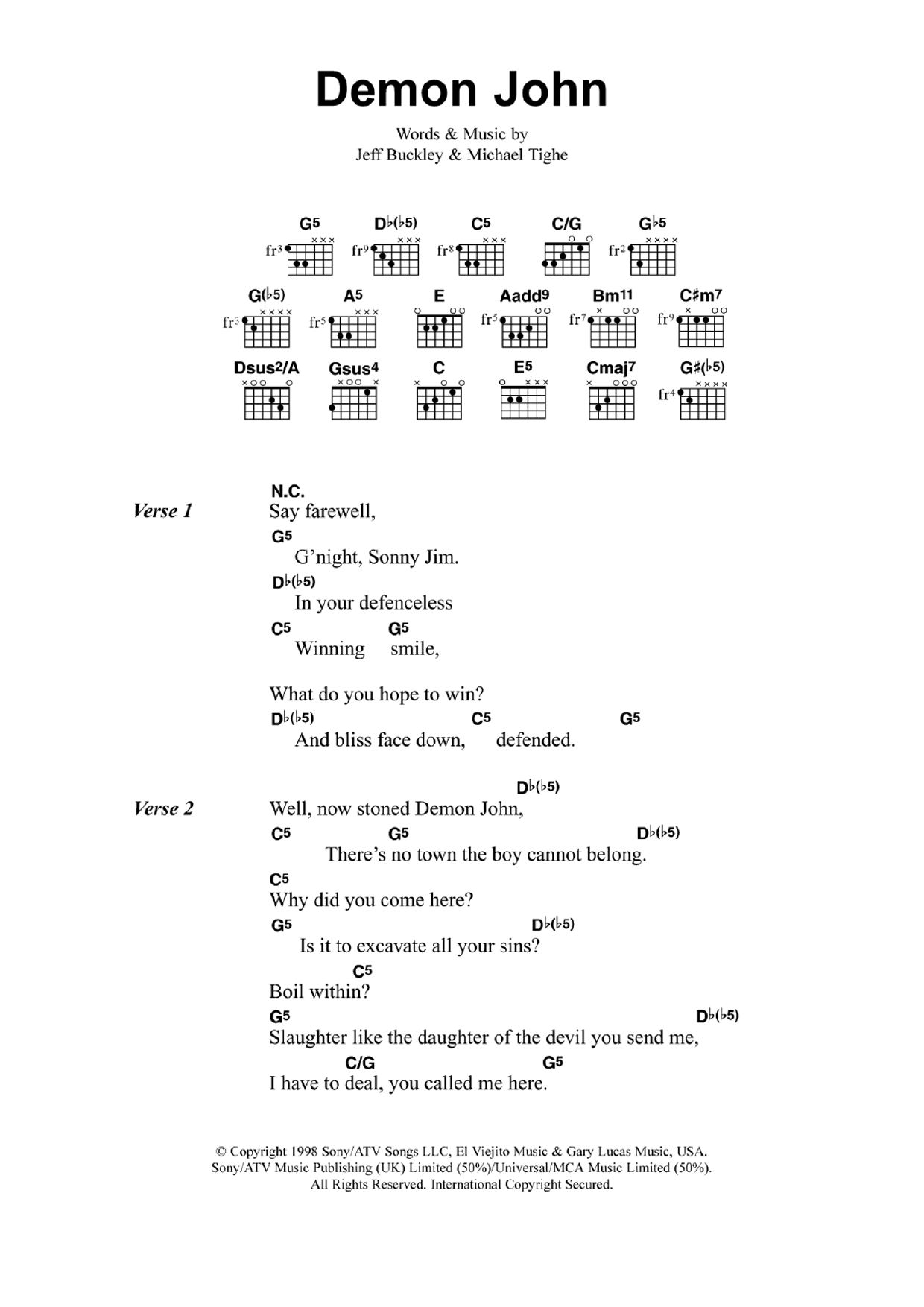 Learn to play Jeff Buckley Demon John sheet music for Guitar Chords/Lyrics in minutes. Price: 4.9900$ Jeff Buckley Demon John sheet music notes and chords. Download Printable PDF.