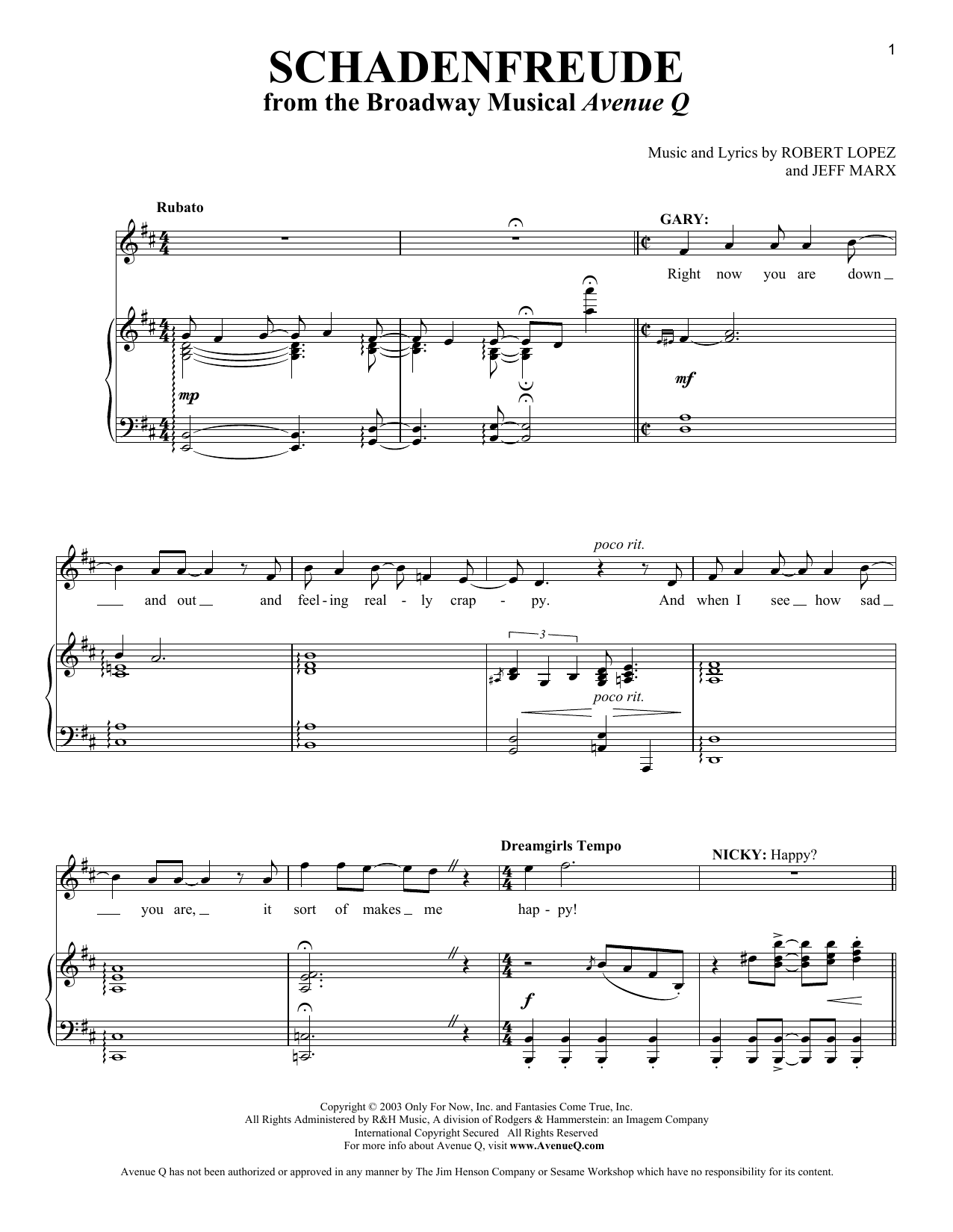 Jeff Marx Schadenfreude sheet music notes and chords. Download Printable PDF.