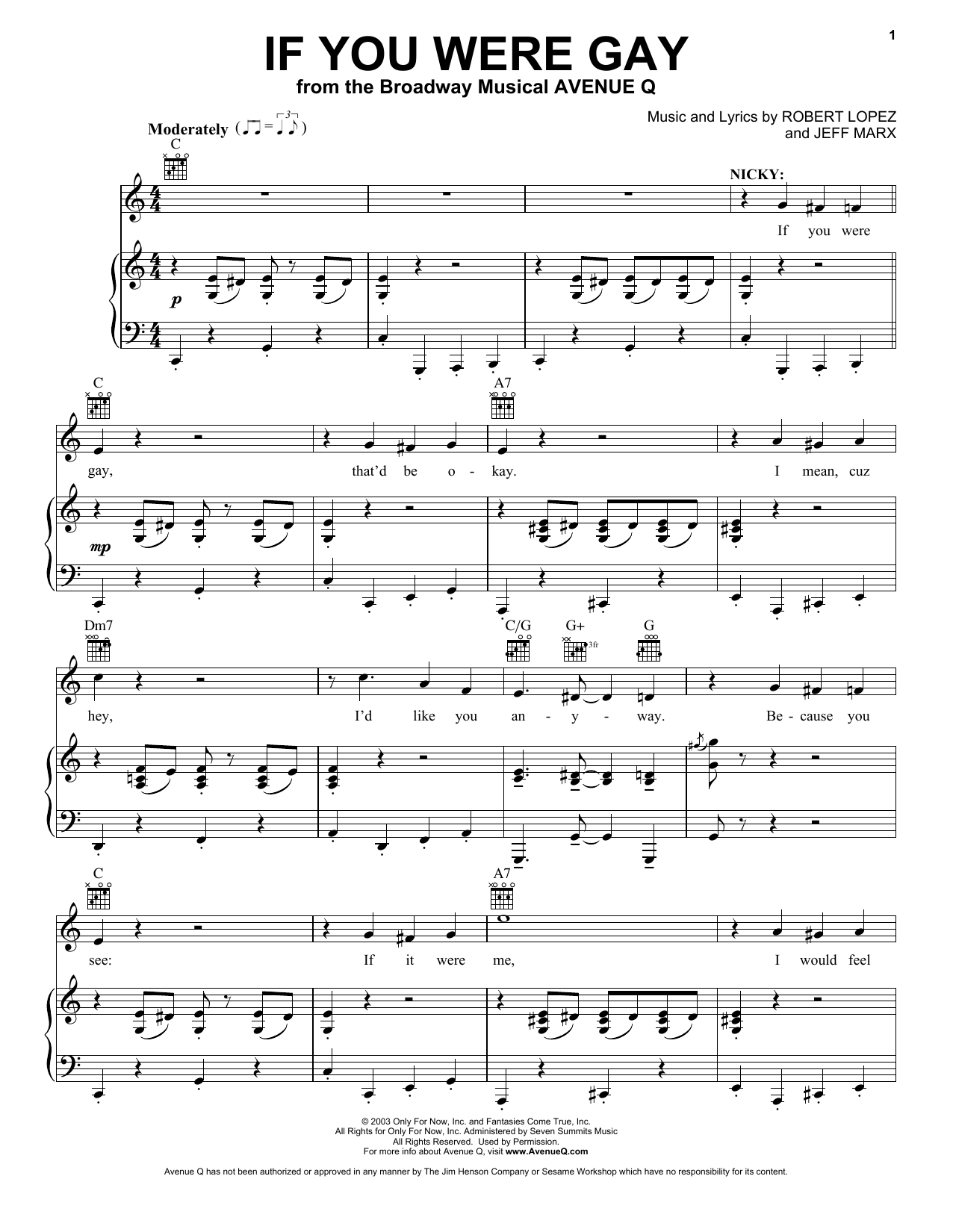 Learn to play Jeff Marx and Robert Lopez If You Were Gay (from Avenue Q) sheet music for Vocal Pro + Piano/Guitar in minutes. Price: 6.9900$ Jeff Marx and Robert Lopez If You Were Gay (from Avenue Q) sheet music notes and chords arranged for Vocal Pro + Piano/Guitar