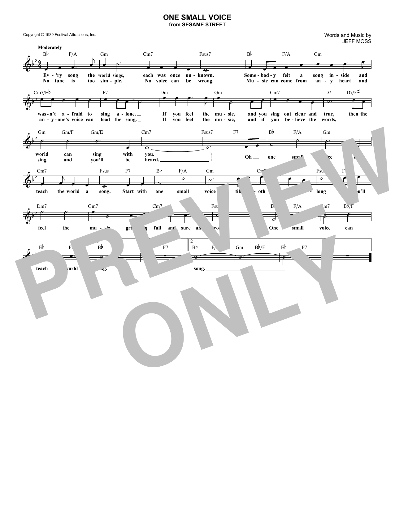 Learn to play Jeff Moss One Small Voice (from Sesame Street) sheet music for Lead Sheet / Fake Book in minutes. Price: 5.9900$ Jeff Moss One Small Voice (from Sesame Street) sheet music notes and chords arranged for Lead Sheet / Fake Book