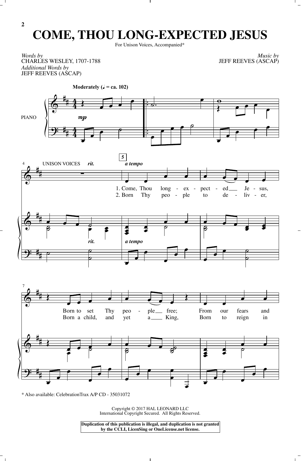 Jeff Reeves Come Thou Long Expected Jesus Sheet Music Pdf Notes Chords Sacred Score Unison Choir Download Printable Sku 176997