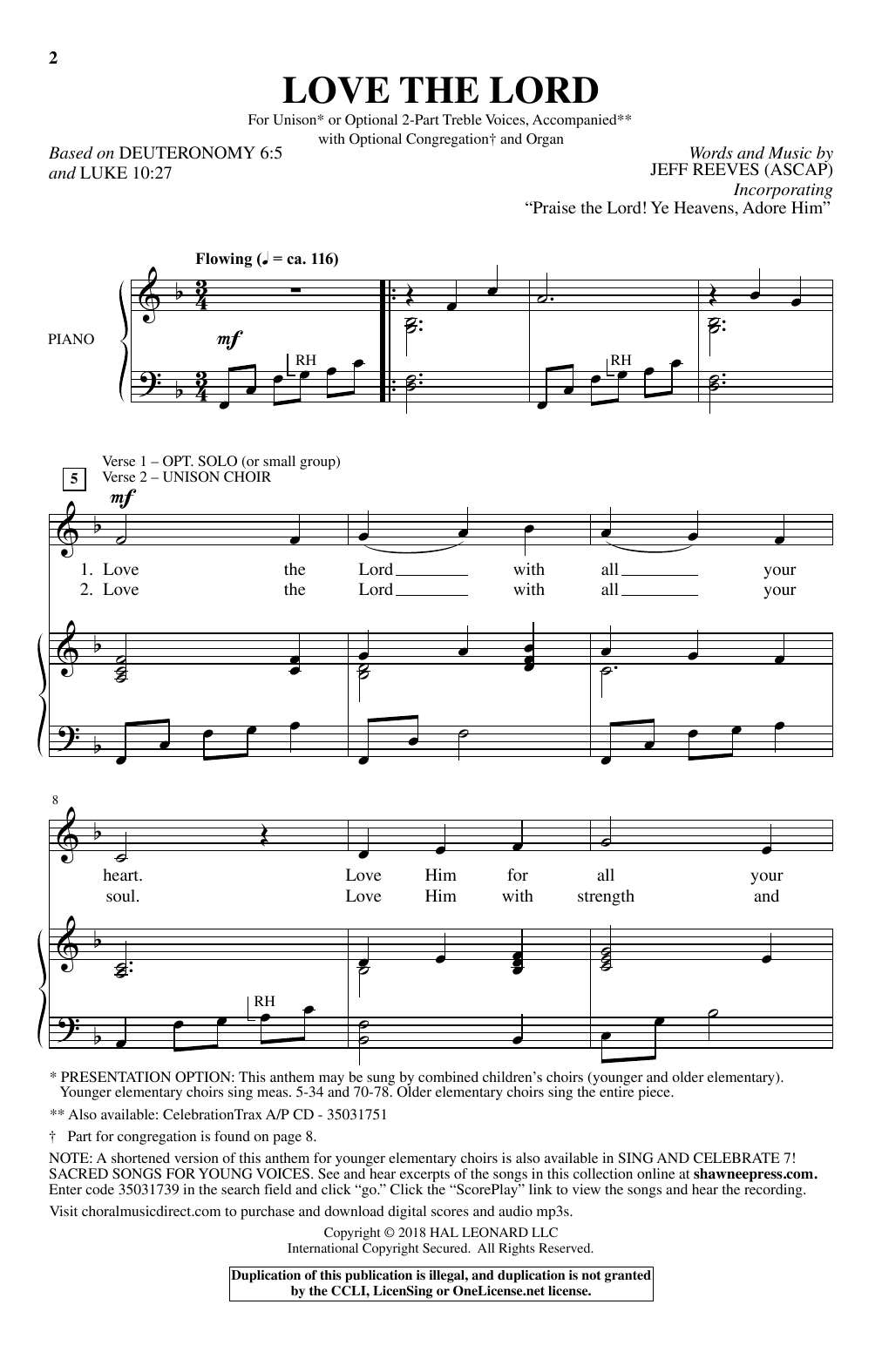 Learn to play Jeff Reeves Love The Lord sheet music for Unison Choir in minutes. Price: 3.9900$ Jeff Reeves Love The Lord sheet music notes and chords arranged for Unison Choir