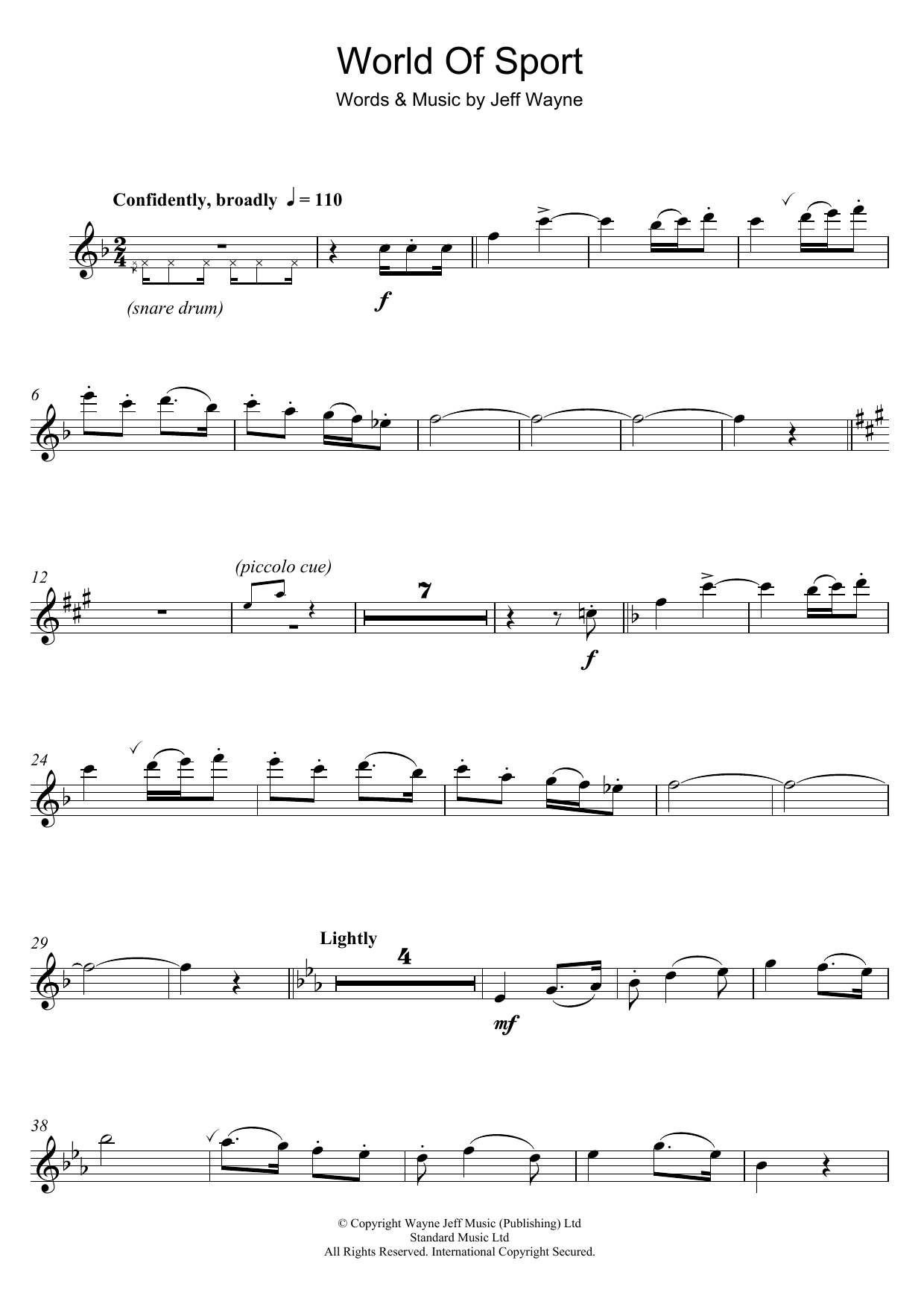 Learn to play Jeff Wayne World Of Sport sheet music for Alto Sax Solo in minutes. Price: 6.9900$ Jeff Wayne World Of Sport sheet music notes and chords arranged for Alto Sax Solo