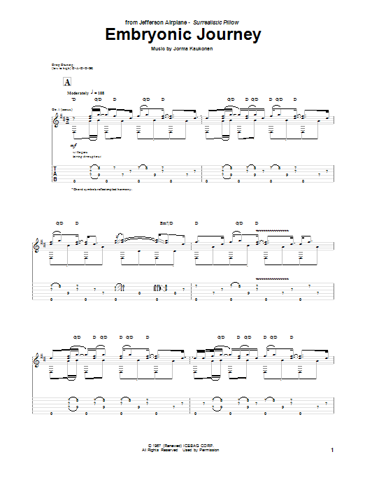 Jefferson Airplane Embryonic Journey sheet music notes and chords. Download Printable PDF.