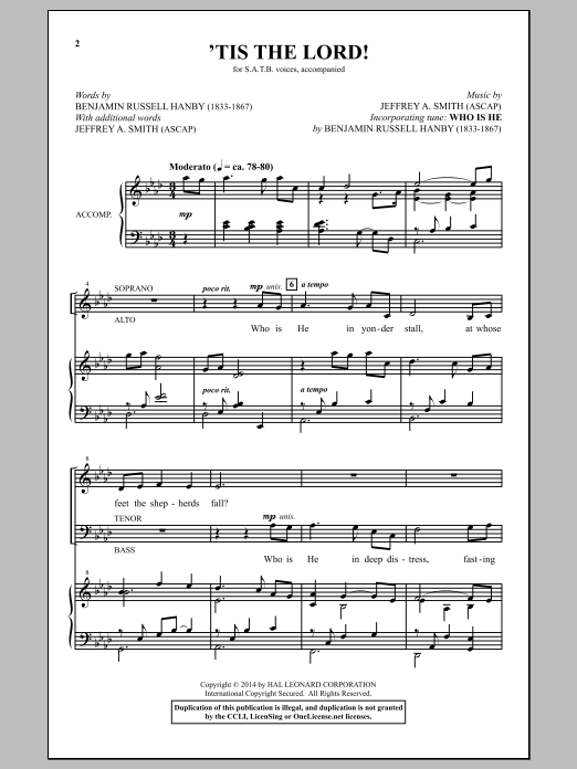 Learn to play Jeffrey A. Smith 'Tis The Lord! sheet music for SATB Choir in minutes. Price: 3.9900$ Jeffrey A. Smith 'Tis The Lord! sheet music notes and chords arranged for SATB Choir