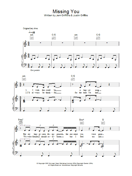 Jem Missing You sheet music notes and chords. Download Printable PDF.