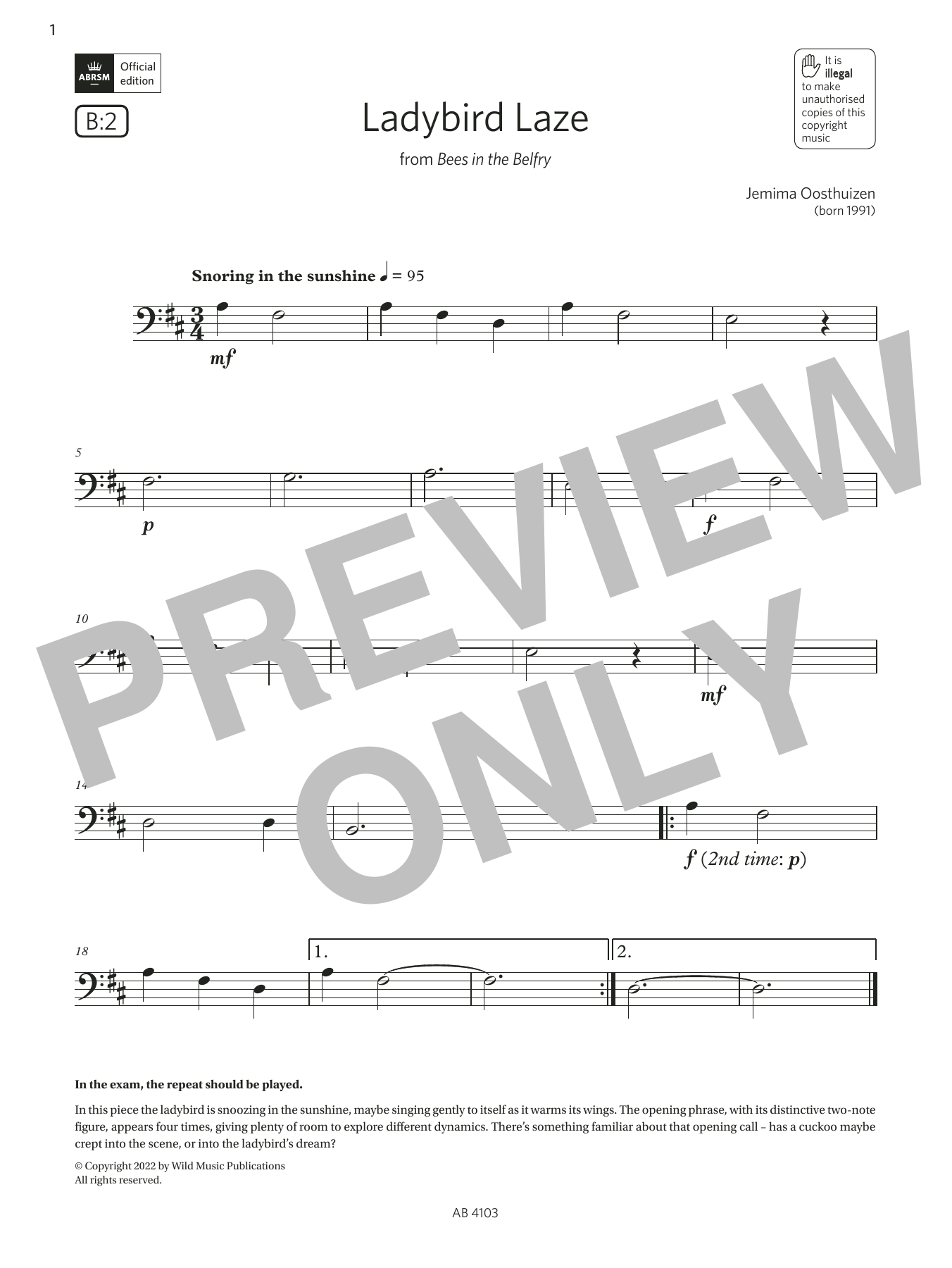 Learn to play Jemima Oosthuizen Ladybird Laze (Grade Initial, B2, from the ABRSM Cello Syllabus from 2024) sheet music for Cello Solo in minutes. Price: 3.9900$ Jemima Oosthuizen Ladybird Laze (Grade Initial, B2, from the ABRSM Cello Syllabus from 2024) sheet music notes and chords arranged for Cello Solo
