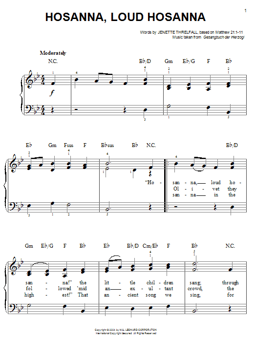 Jennette Threlfall Hosanna, Loud Hosanna sheet music notes and chords arranged for Easy Piano