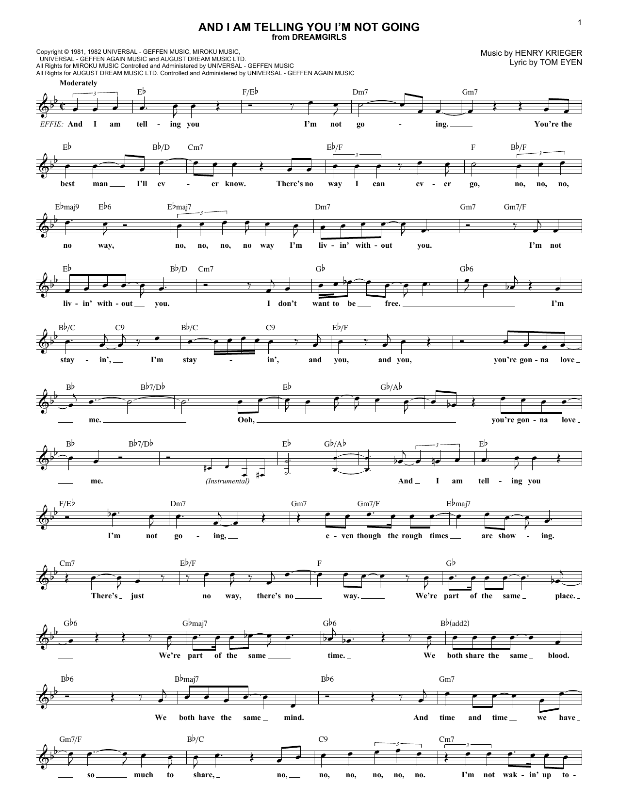 Learn to play Jennifer Holliday And I Am Telling You I'm Not Going sheet music for Lead Sheet / Fake Book in minutes. Price: 5.9900$ Jennifer Holliday And I Am Telling You I'm Not Going sheet music notes and chords arranged for Lead Sheet / Fake Book