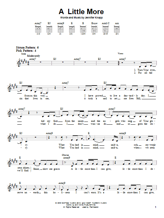 Learn to play Jennifer Knapp A Little More sheet music for Lead Sheet / Fake Book in minutes. Price: 5.9900$ Jennifer Knapp A Little More sheet music notes and chords arranged for Lead Sheet / Fake Book
