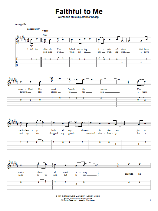 Learn to play Jennifer Knapp Faithful To Me sheet music for Easy Guitar Tab in minutes. Jennifer Knapp Faithful To Me sheet music notes and chords. Download Printable PDF.