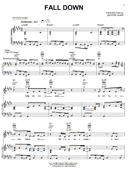 Jennifer Knapp Fall Down sheet music notes and chords. Download Printable PDF.