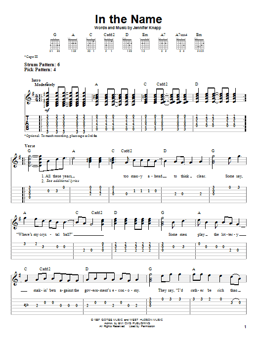 Learn to play Jennifer Knapp In The Name sheet music for Easy Guitar Tab in minutes. Price: 5.9900$ Jennifer Knapp In The Name sheet music notes and chords. Download Printable PDF.