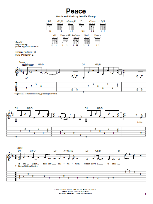 Jennifer Knapp Peace sheet music notes and chords. Download Printable PDF.