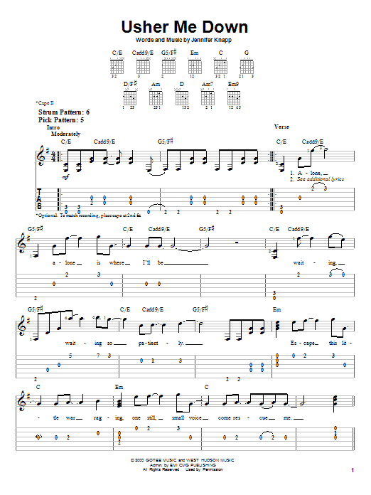 Learn to play Jennifer Knapp Usher Me Down sheet music for Easy Guitar Tab in minutes. Price: 6.9900$ Jennifer Knapp Usher Me Down sheet music notes and chords. Download Printable PDF.
