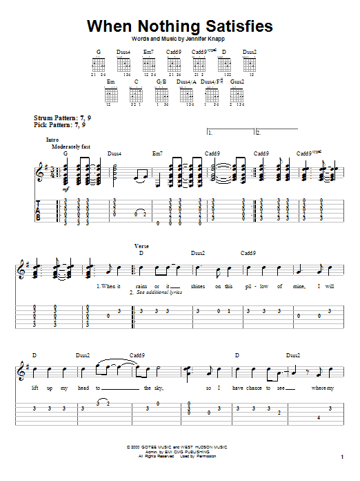 Learn to play Jennifer Knapp When Nothing Satisfies sheet music for Easy Guitar Tab in minutes. Jennifer Knapp When Nothing Satisfies sheet music notes and chords. Download Printable PDF.