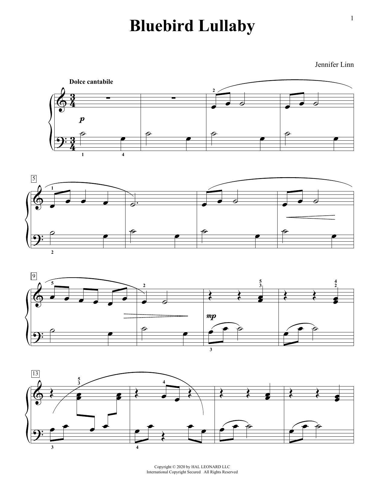 Jennifer Linn Bluebird Lullaby sheet music notes and chords. Download Printable PDF.