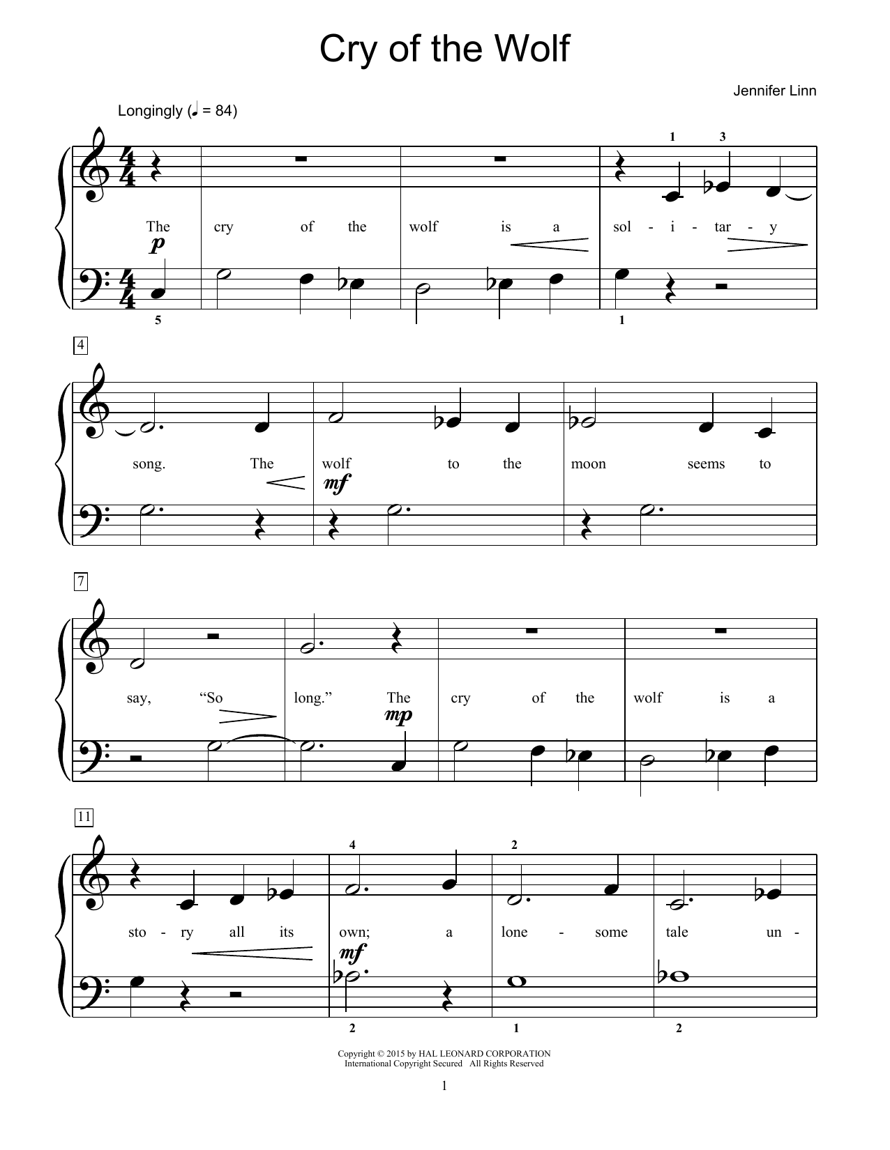 Learn to play Jennifer Linn Cry Of The Wolf sheet music for Educational Piano in minutes. Price: 6.9900$ Jennifer Linn Cry Of The Wolf sheet music notes and chords arranged for Educational Piano