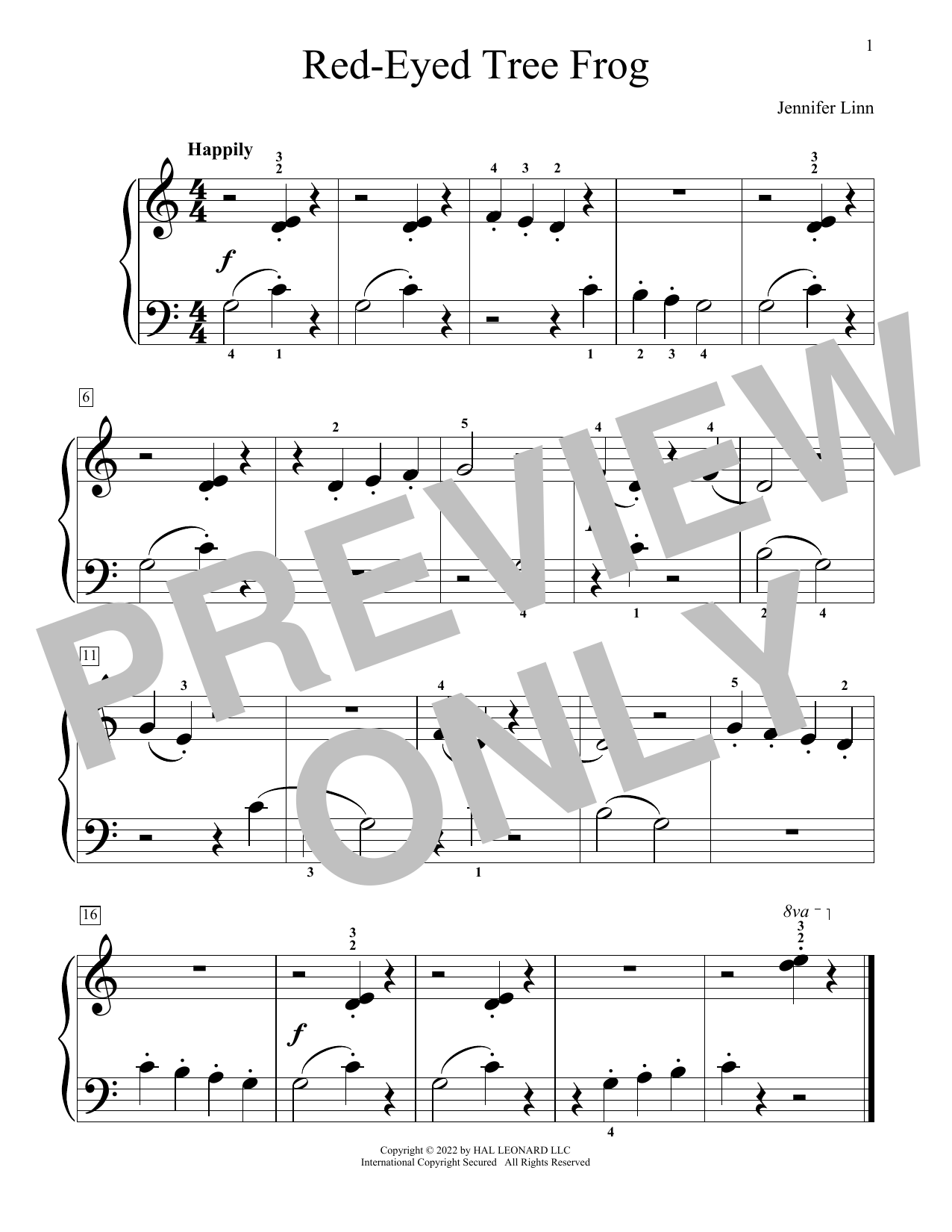 Jennifer Linn Red-Eyed Tree Frog sheet music notes and chords. Download Printable PDF.