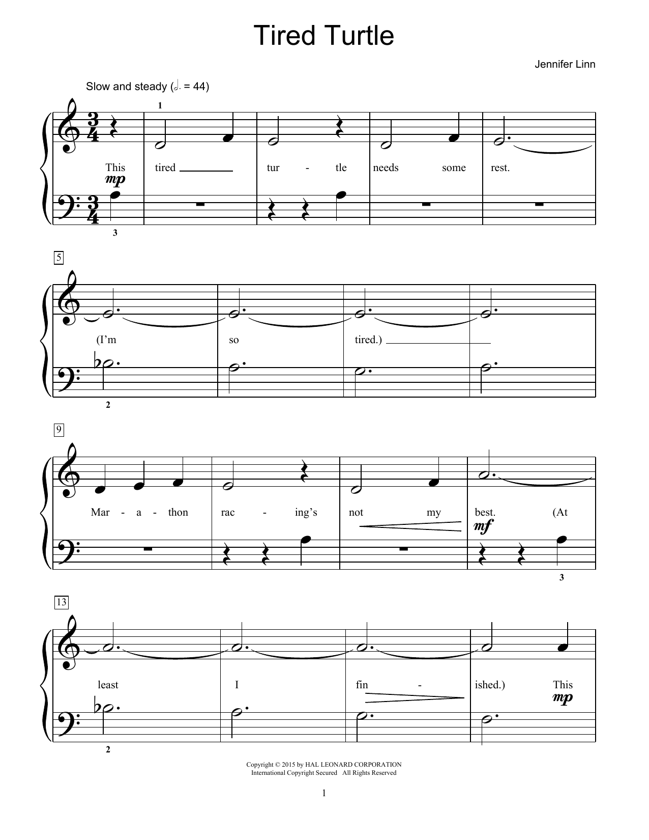 Learn to play Jennifer Linn Tired Turtle sheet music for Educational Piano in minutes. Price: 6.9900$ Jennifer Linn Tired Turtle sheet music notes and chords arranged for Educational Piano
