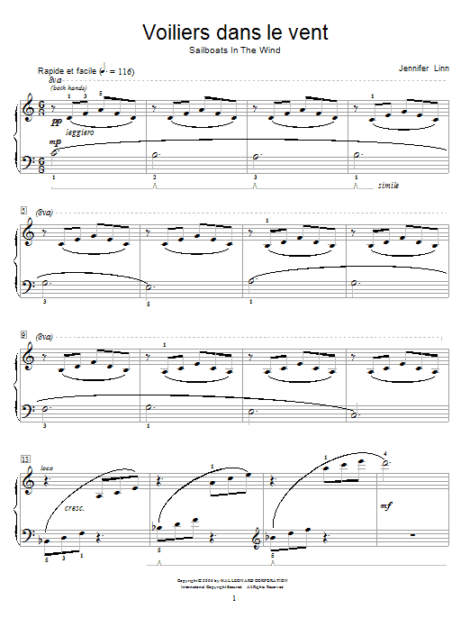 Learn to play Jennifer Linn Voiliers dans le vent (Sailboats In The Wind) sheet music for Educational Piano in minutes. Price: 6.9900$ Jennifer Linn Voiliers dans le vent (Sailboats In The Wind) sheet music notes and chords. Download Printable PDF.
