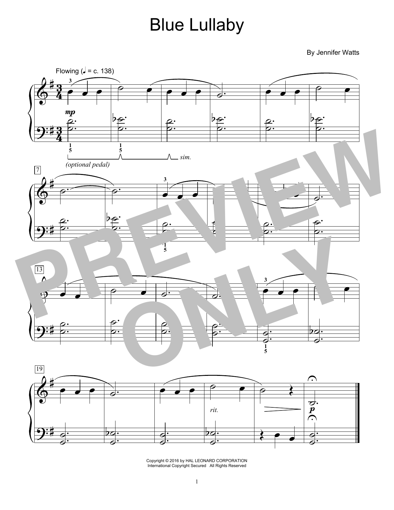 Jennifer Watts Blue Lullaby sheet music notes and chords. Download Printable PDF.