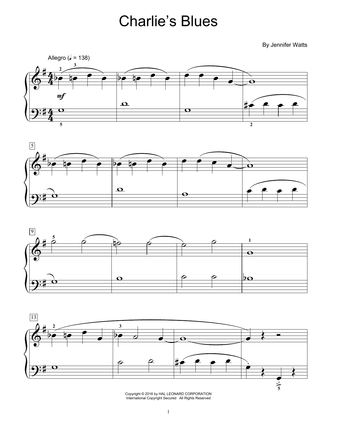 Jennifer Watts Charlie's Blues sheet music notes and chords. Download Printable PDF.