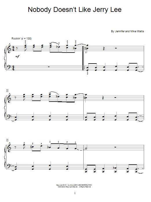 Jennifer Watts Nobody Doesn't Like Jerry Lee sheet music notes and chords arranged for Educational Piano