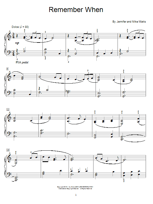 Jennifer Watts Remember When sheet music notes and chords. Download Printable PDF.