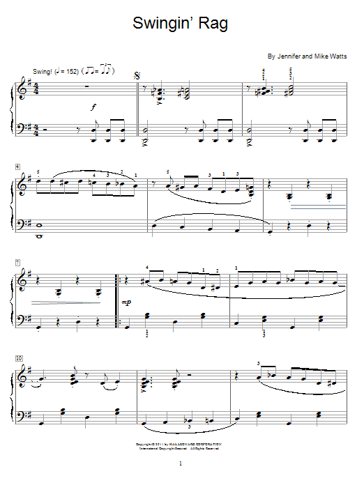 Jennifer Watts Swingin' Rag sheet music notes and chords. Download Printable PDF.