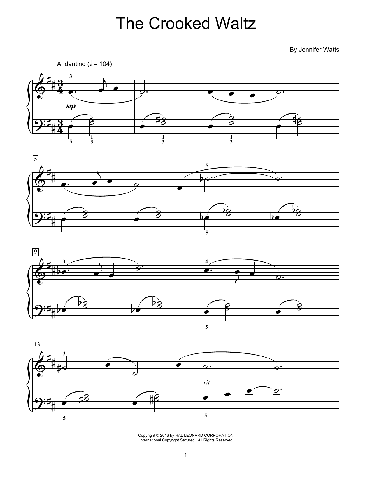 Jennifer Watts The Crooked Waltz sheet music notes and chords. Download Printable PDF.