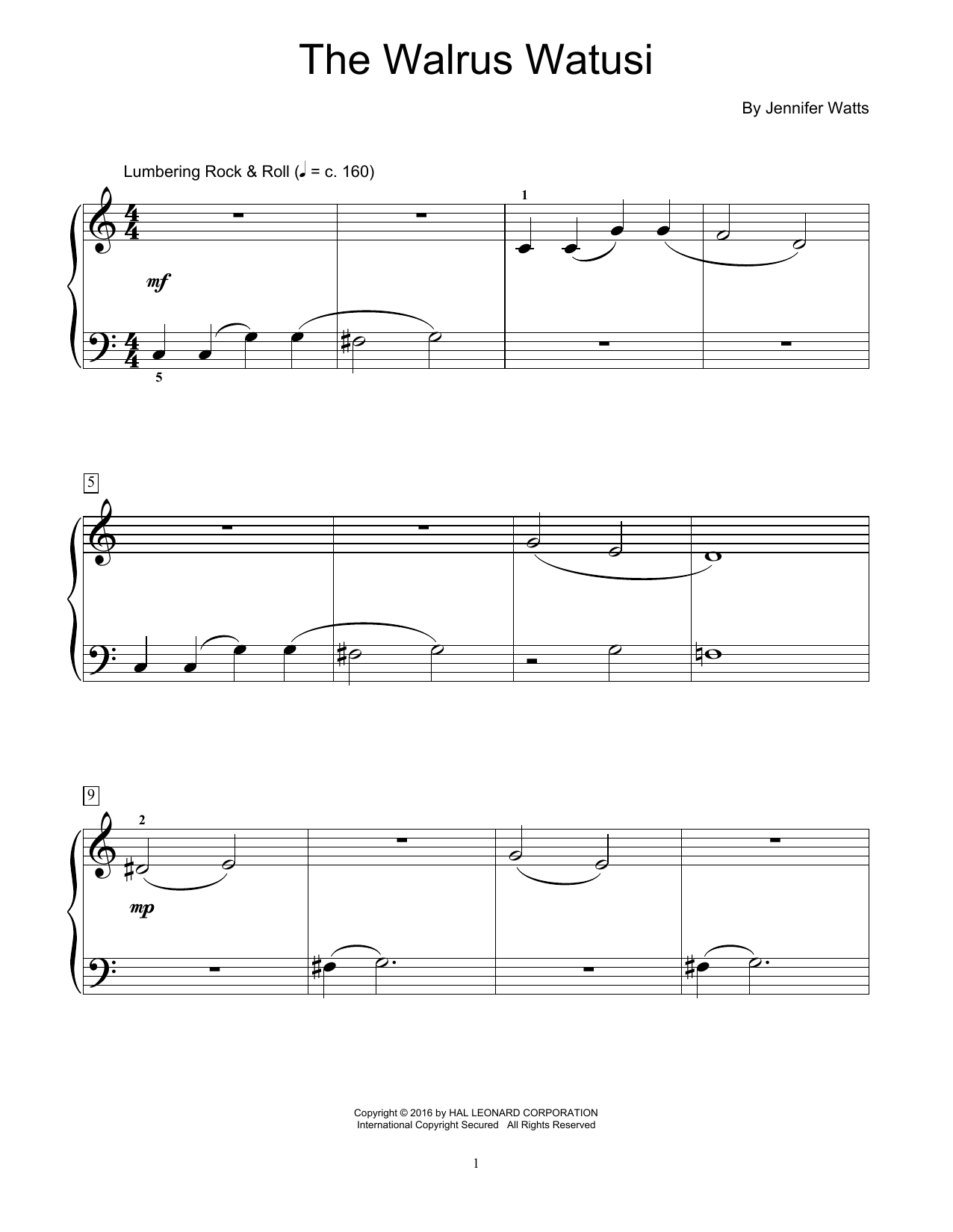 Jennifer Watts The Walrus Watusi sheet music notes and chords. Download Printable PDF.