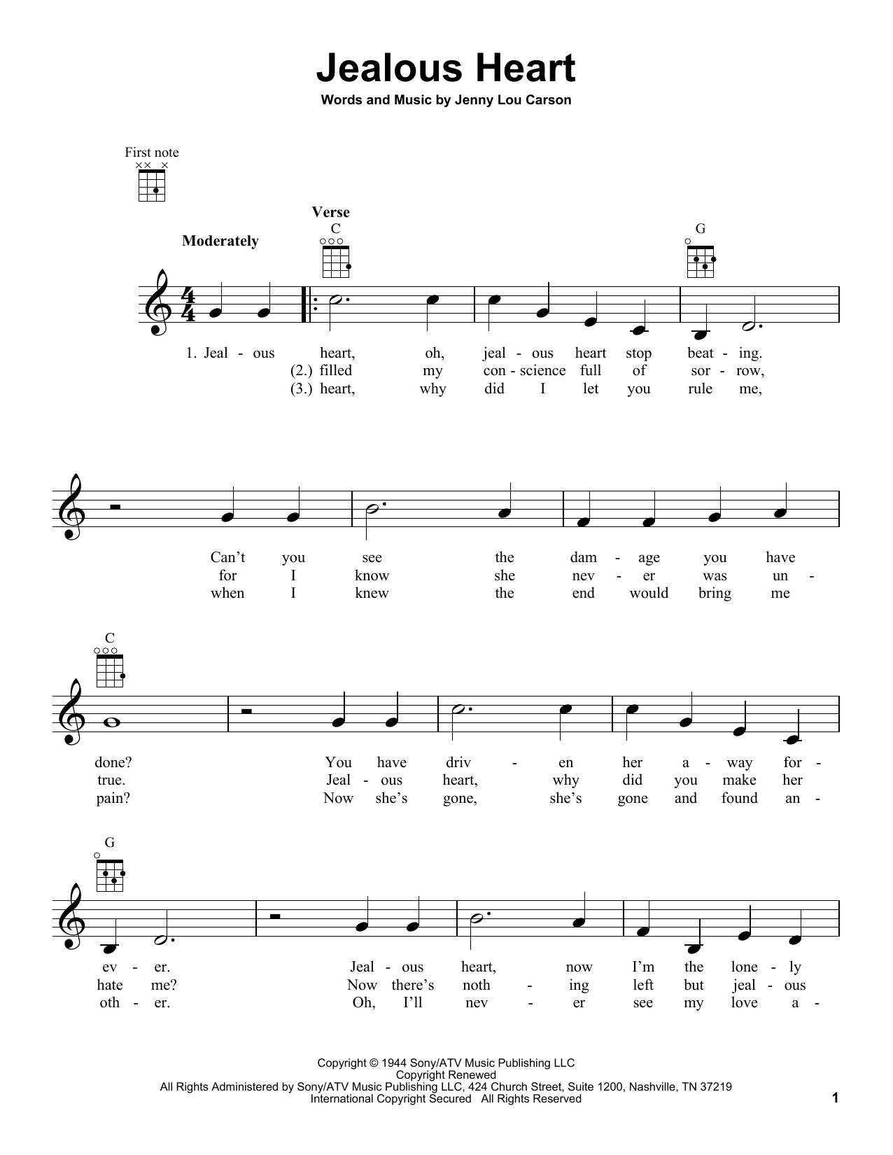 Jenny Lou Carson Jealous Heart sheet music notes and chords. Download Printable PDF.