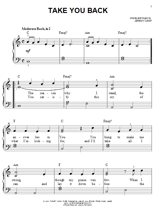 Jeremy Camp Take You Back sheet music notes and chords arranged for Easy Piano