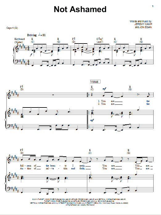 Jeremy Camp Not Ashamed sheet music notes and chords. Download Printable PDF.