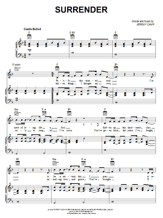 Jeremy Camp Surrender sheet music notes and chords. Download Printable PDF.